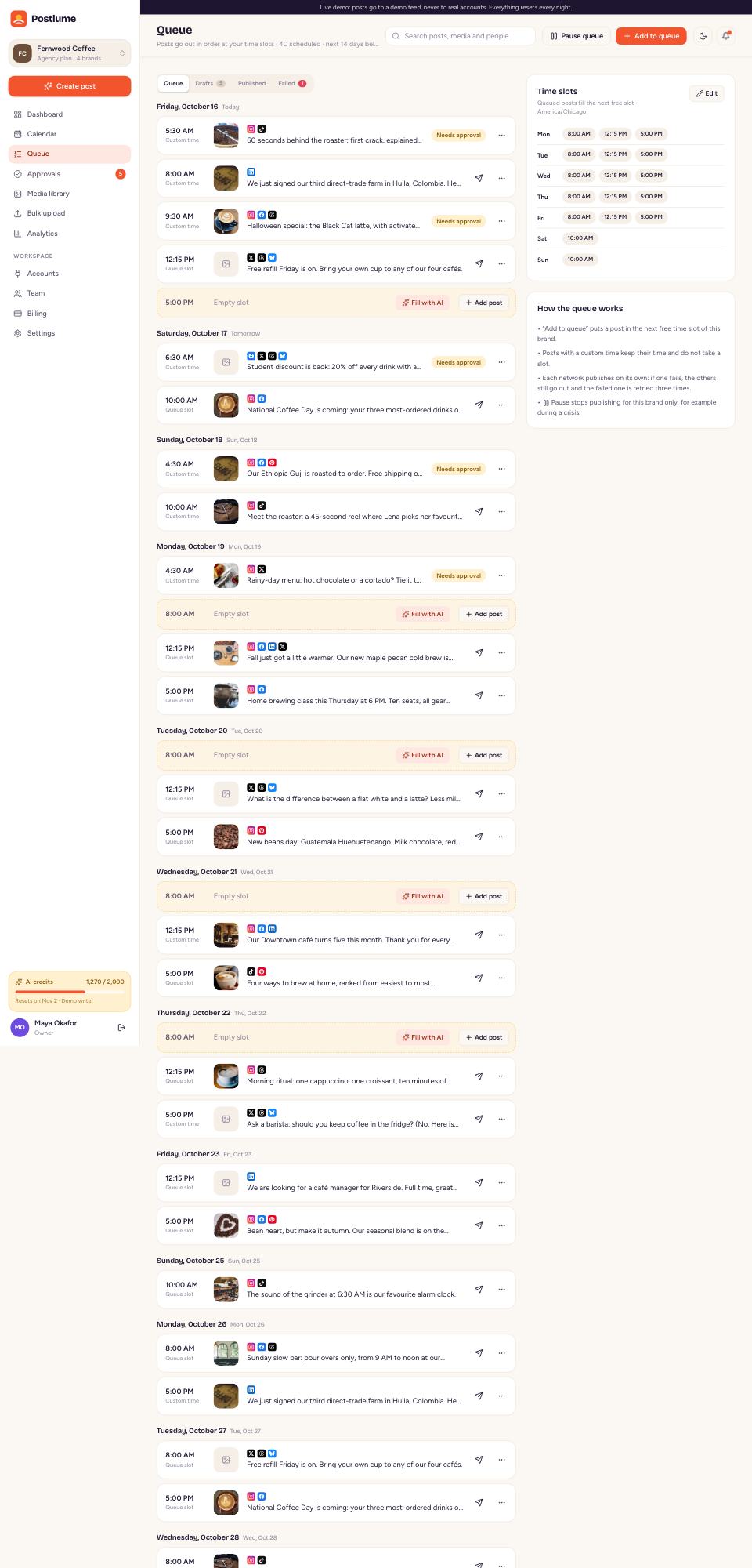 Queue and time slots page