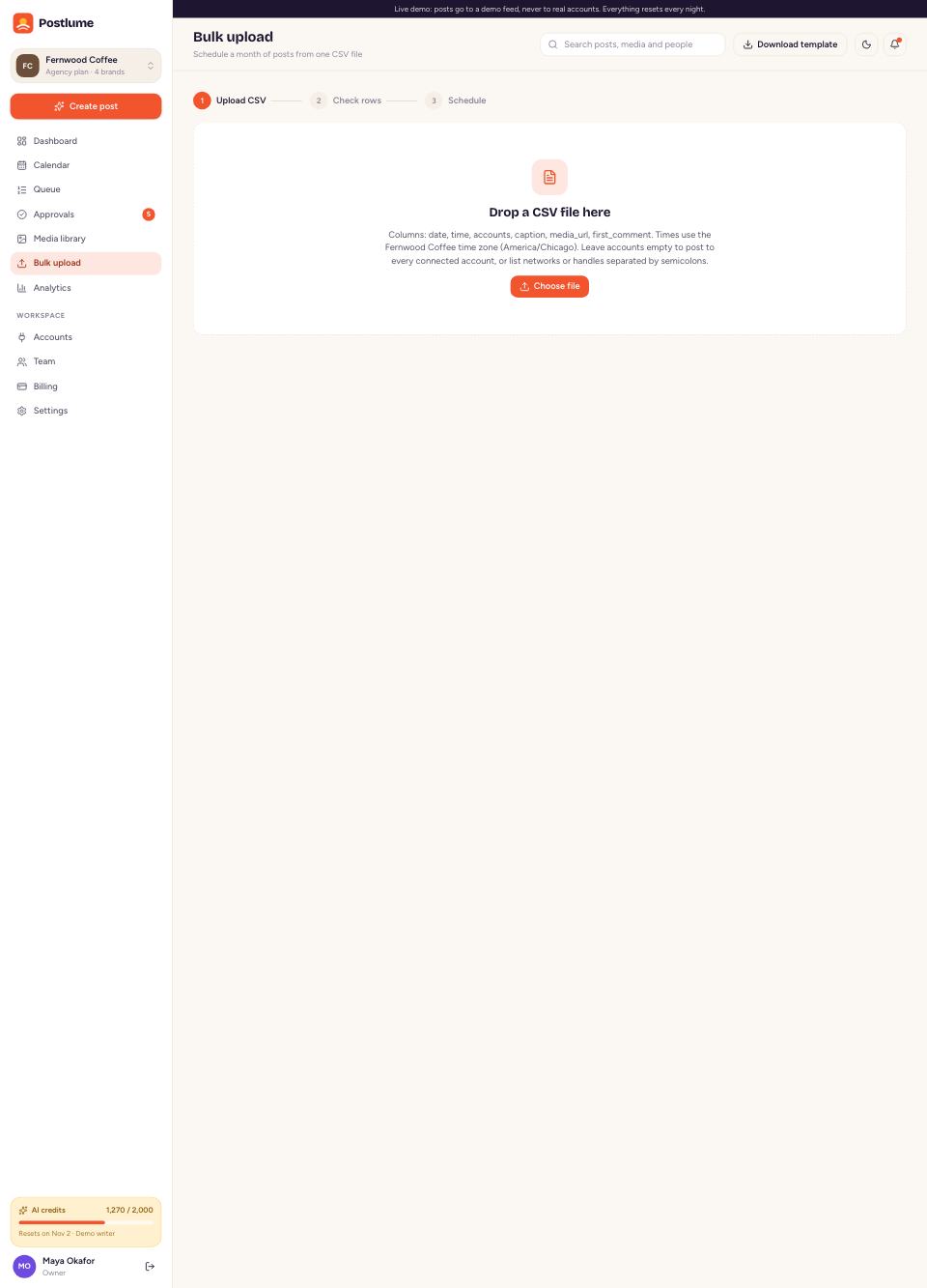 Bulk CSV upload page