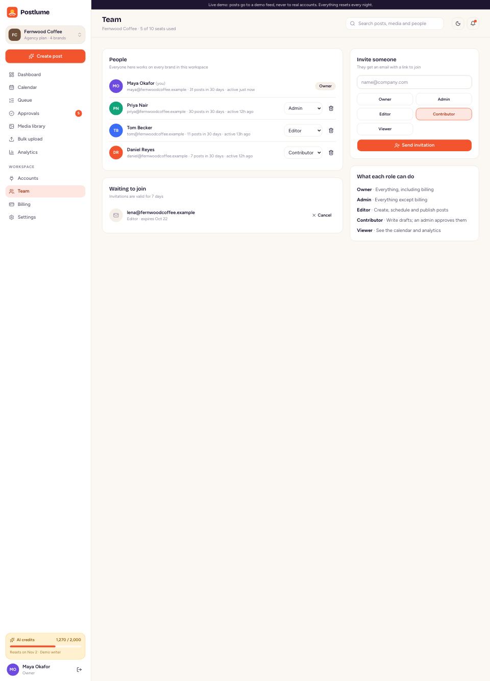 Team and roles page