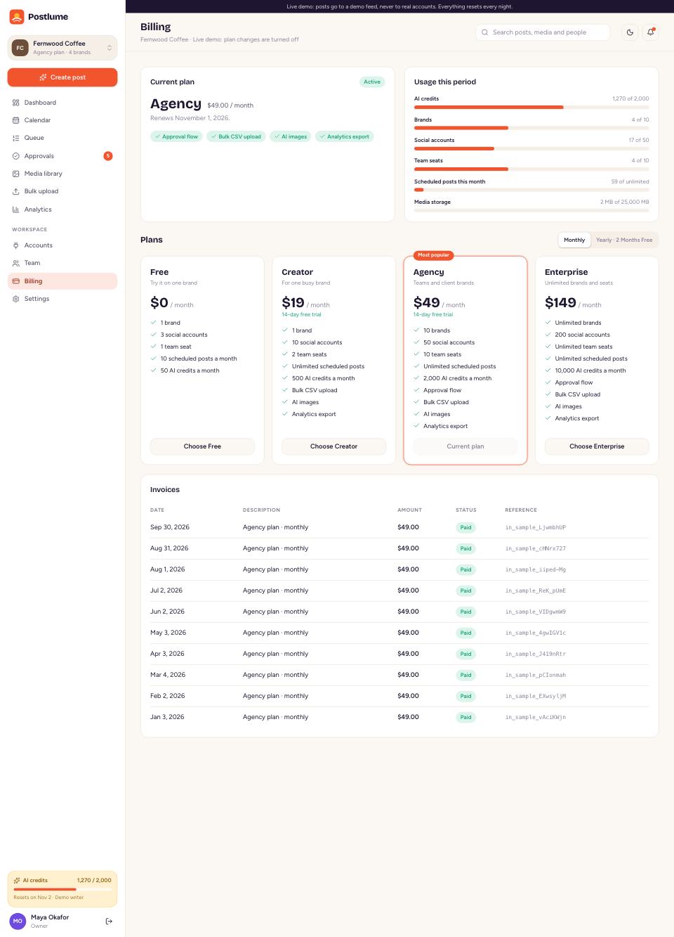 Billing page