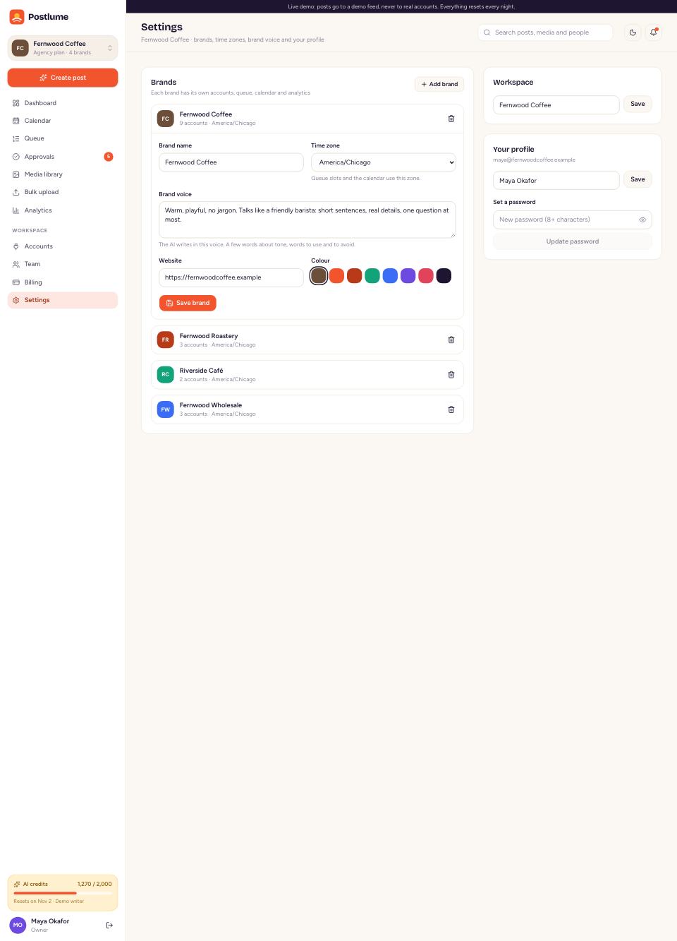 Brands and settings page
