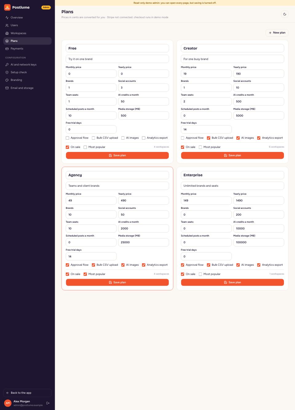 Plans editor page